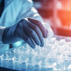 A gloved hand hovering over a bunch of test tubes