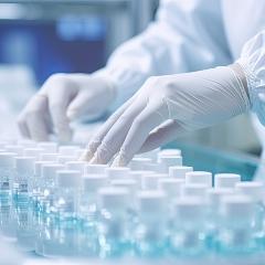A gloved pair of hands rest on top of test tubes 